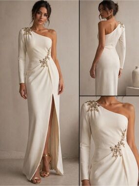 Marchesa One-Shoulder Cream Gown with Gold Embellishments size 16